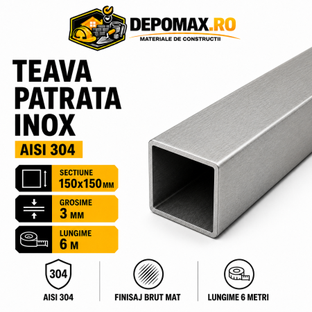 Teava patrata inox AISI 304, 150 x 150 x 3 mm, 6 metri